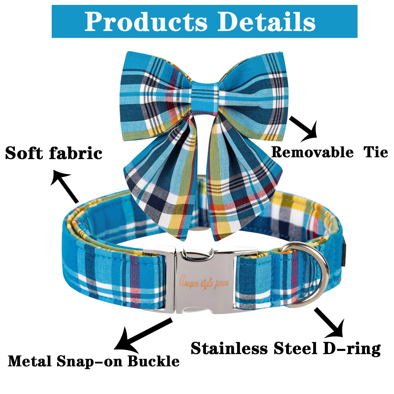 Unique Style Paws Blue Plaid Dog Collar With Bow Cute Puppy Collar For Small Medium Large Dogs As Autumn Winter Pet Gifts-L